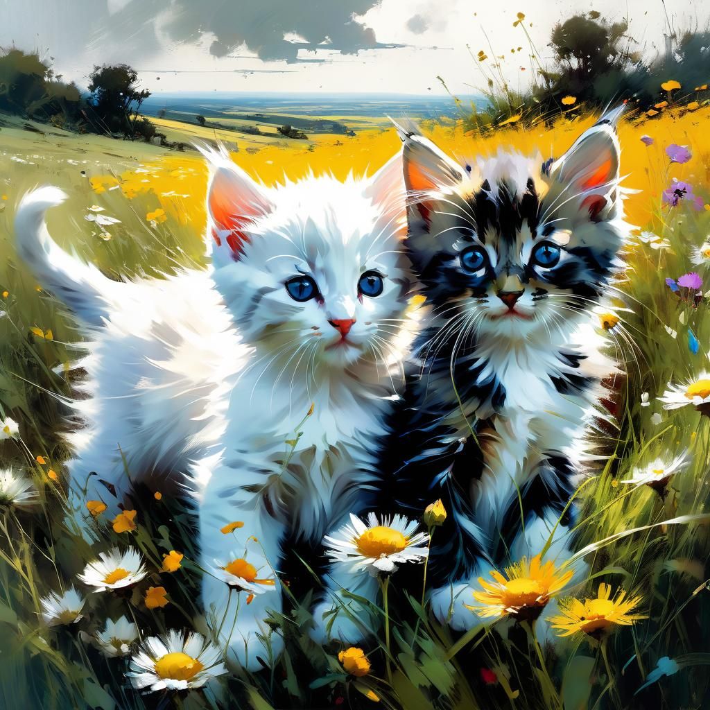 Kittens in a Summer Meadow: Fine Art Painting