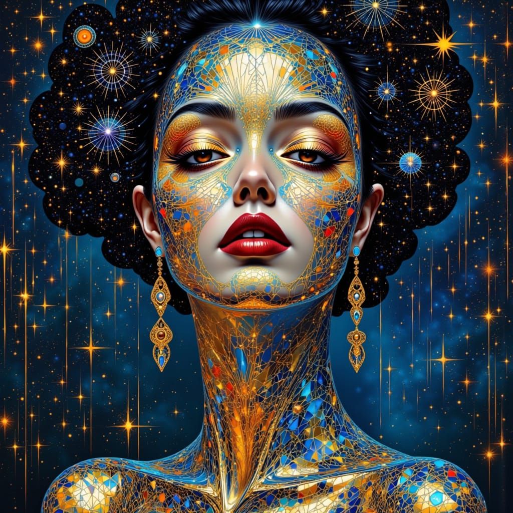 Woman in Geometric Luminescent Glass Patterns