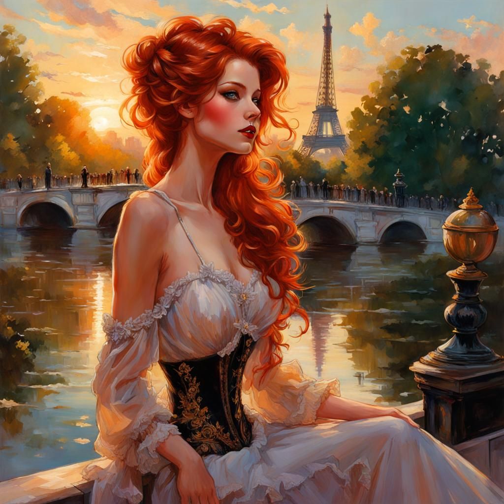 Victorian Girl in Paris Park Sunset, Digital Art