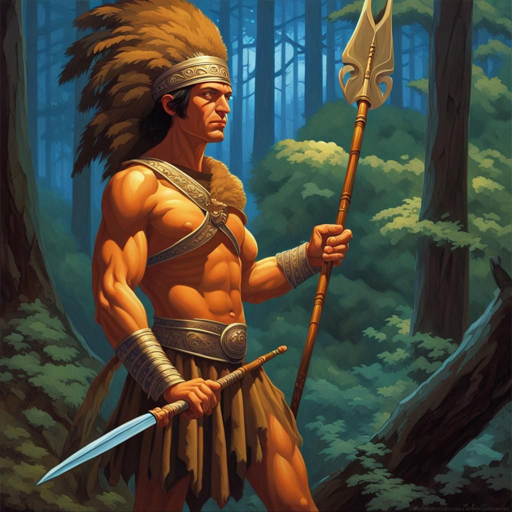 Ancient Warrior in Forest, Greg Hildebrandt Style