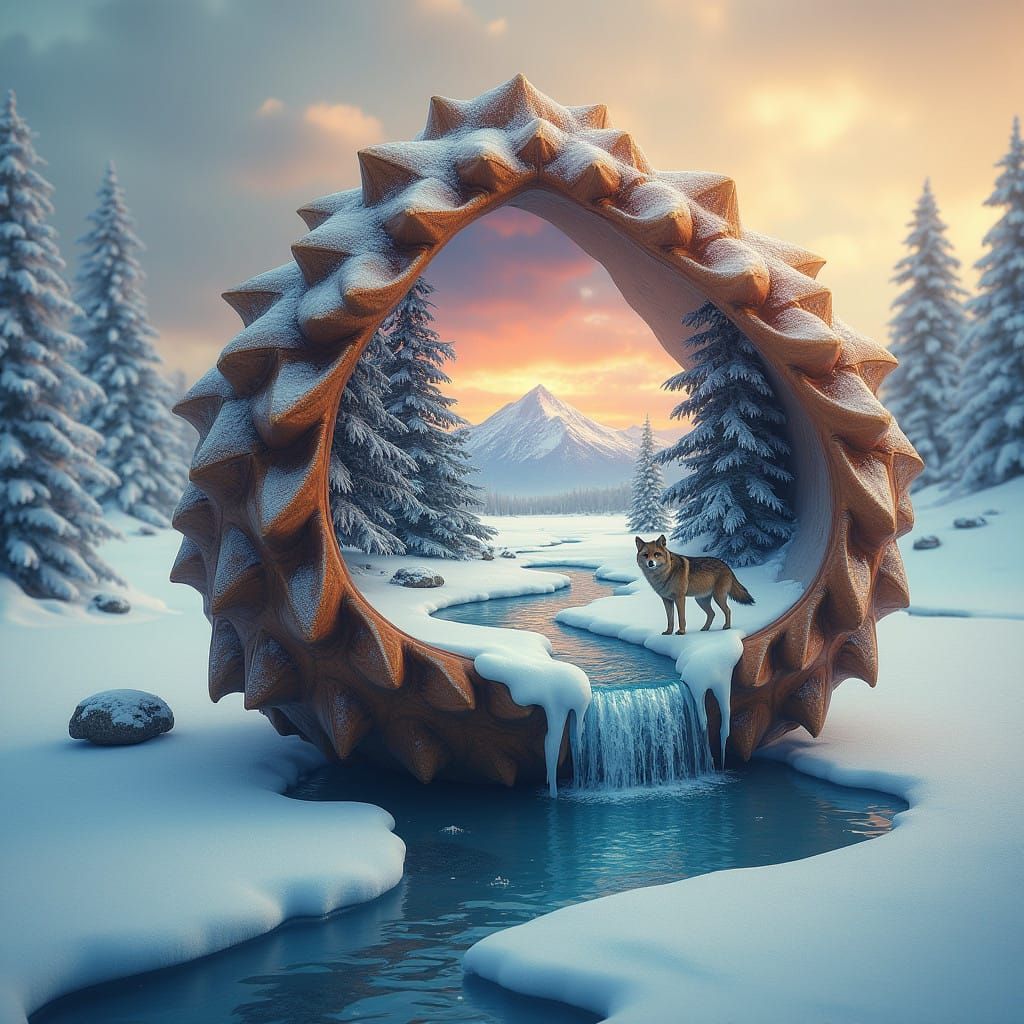 Surreal Pinecone Landscape with Snowy Winter Scene