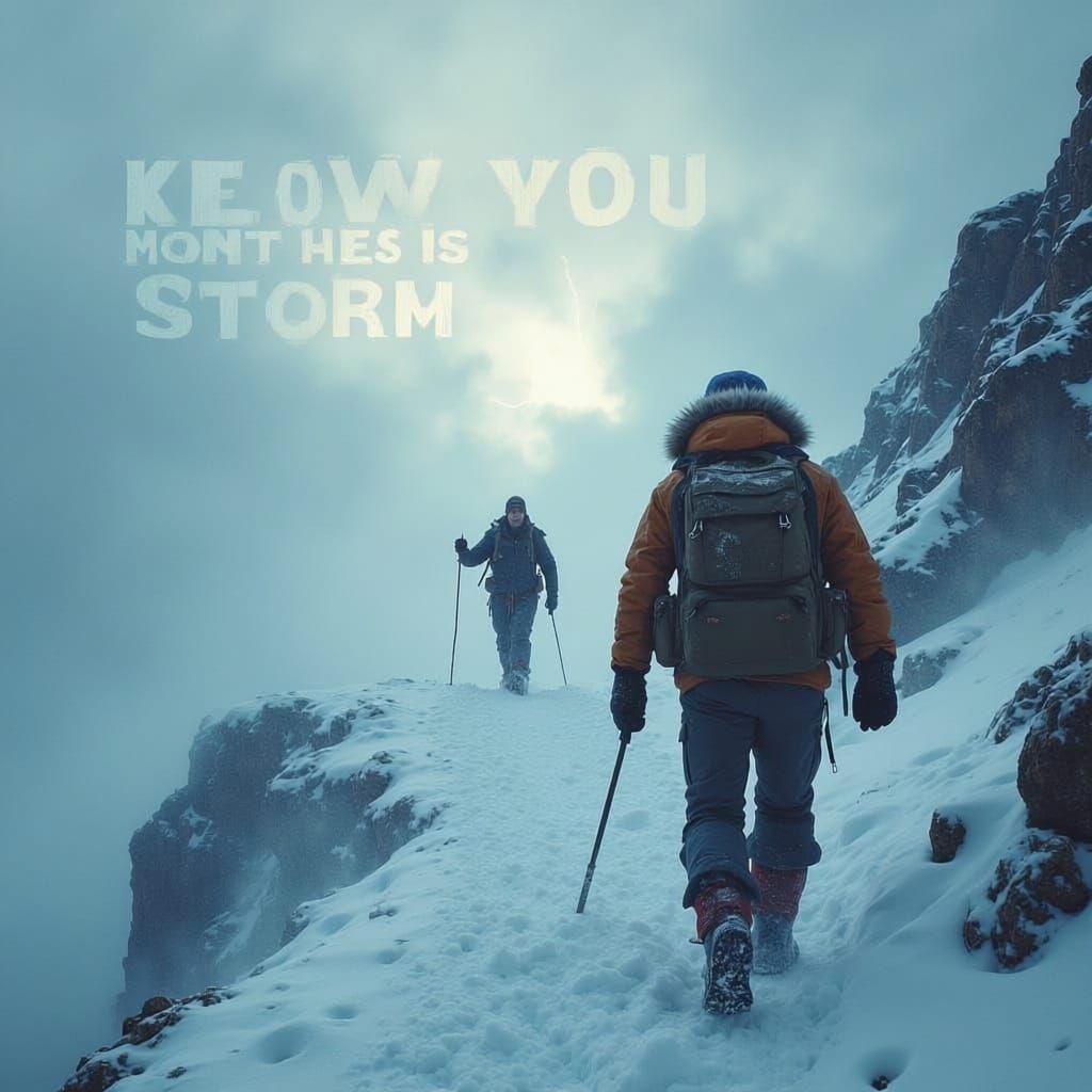 Lone Traveler Braving Blizzard on Mountain Ridge