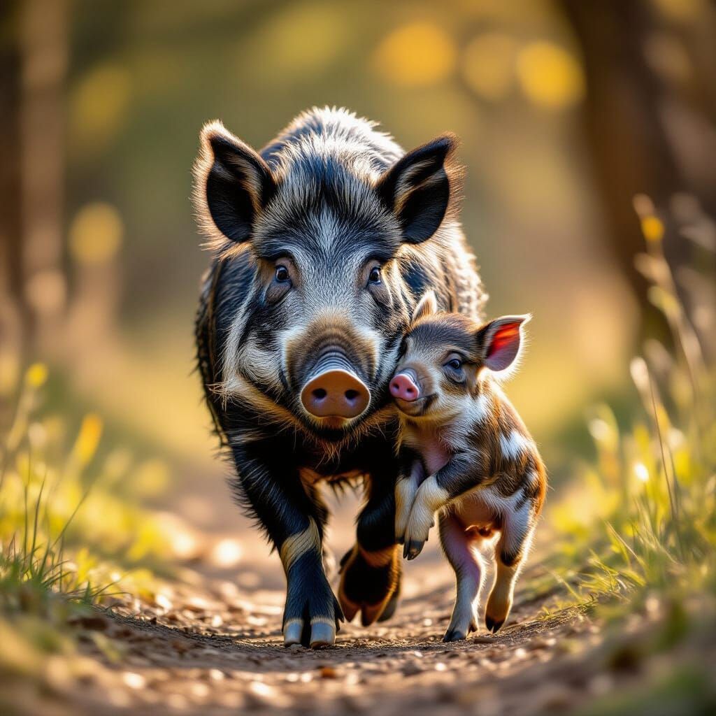 Upright Boar Carries Sleeping Baby: Wildlife Photography