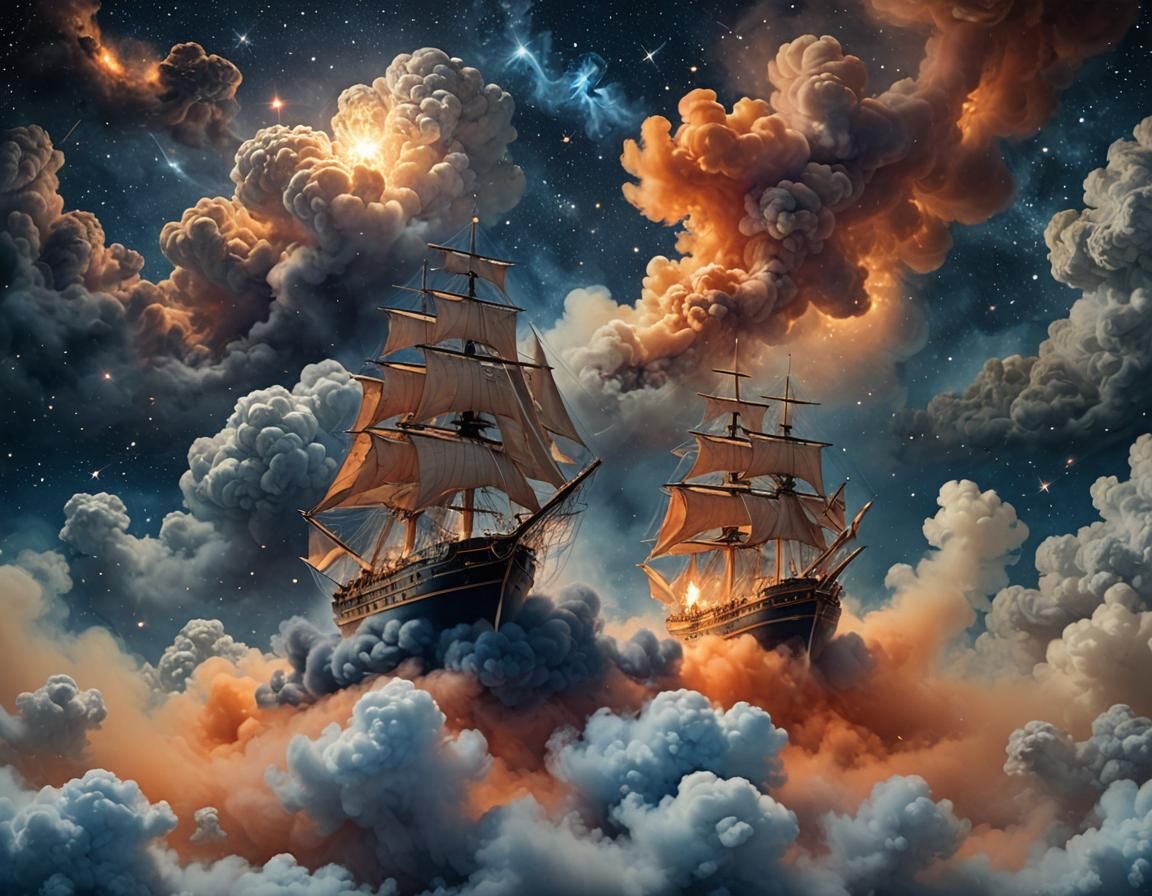 Smokey Sailship Navigating a Starry Galaxy
