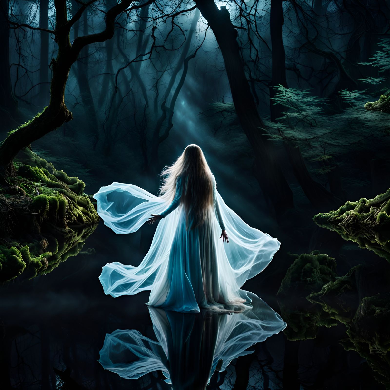 Ethereal Spirit Woman in Dark Forest