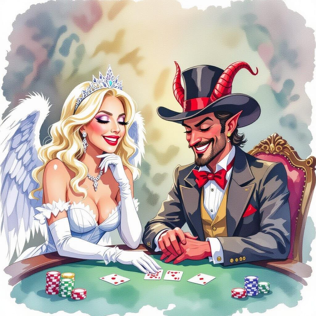 Lady Gaga Angel and Devil Poker Game Watercolor