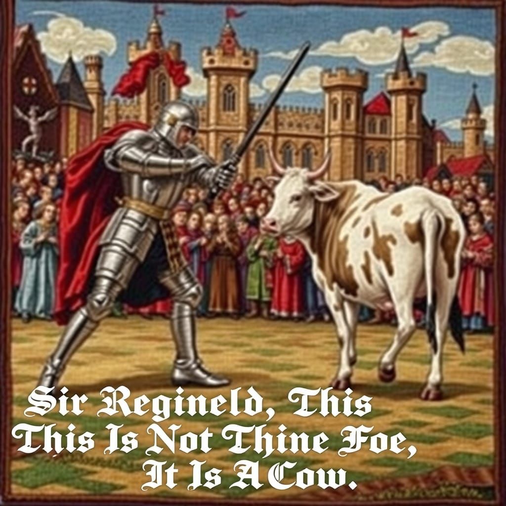 Noble Knight Jousts Unimpressed Cow in Medieval Tapestry