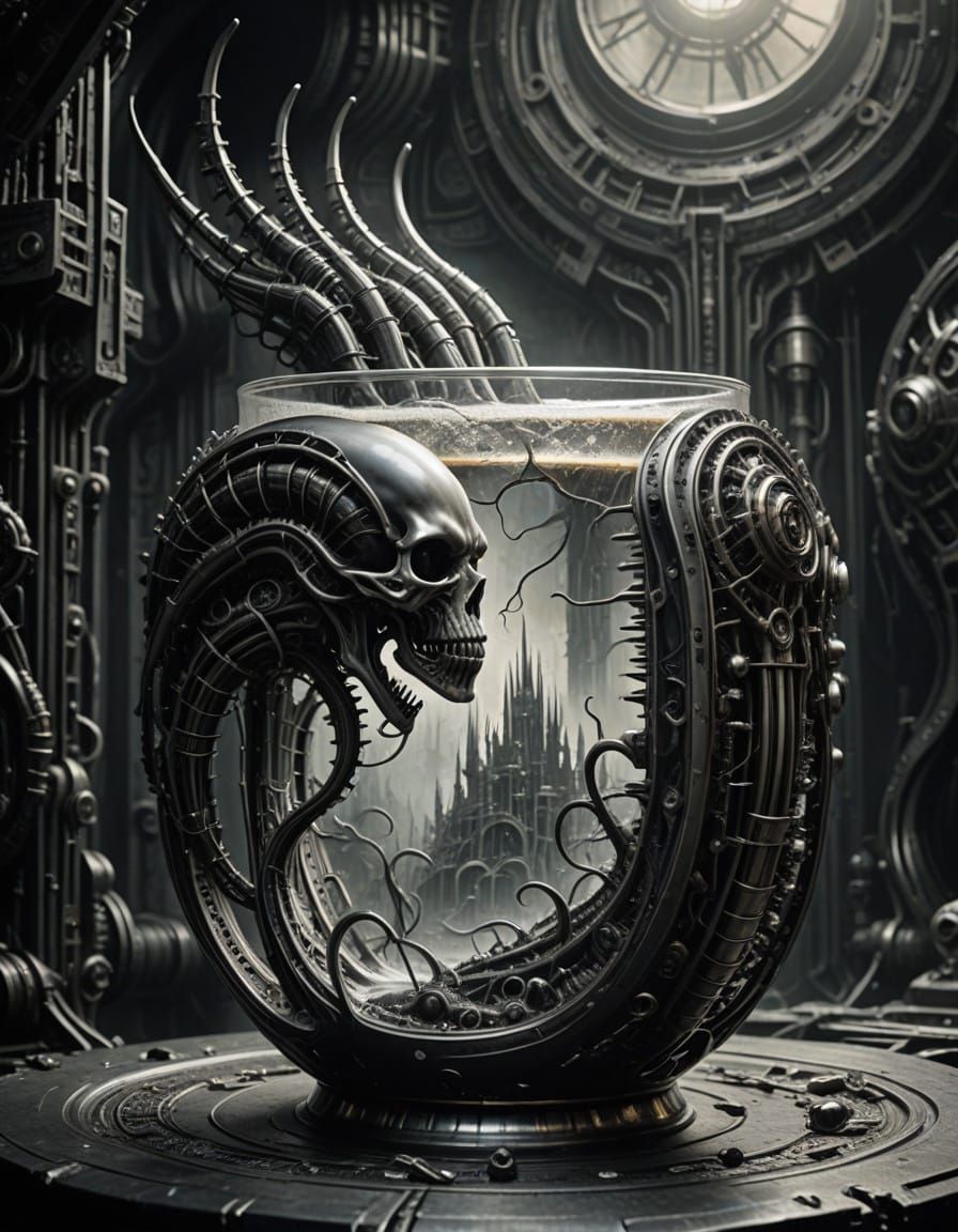 Biomechanical Tankard with Eerie Alien Landscape