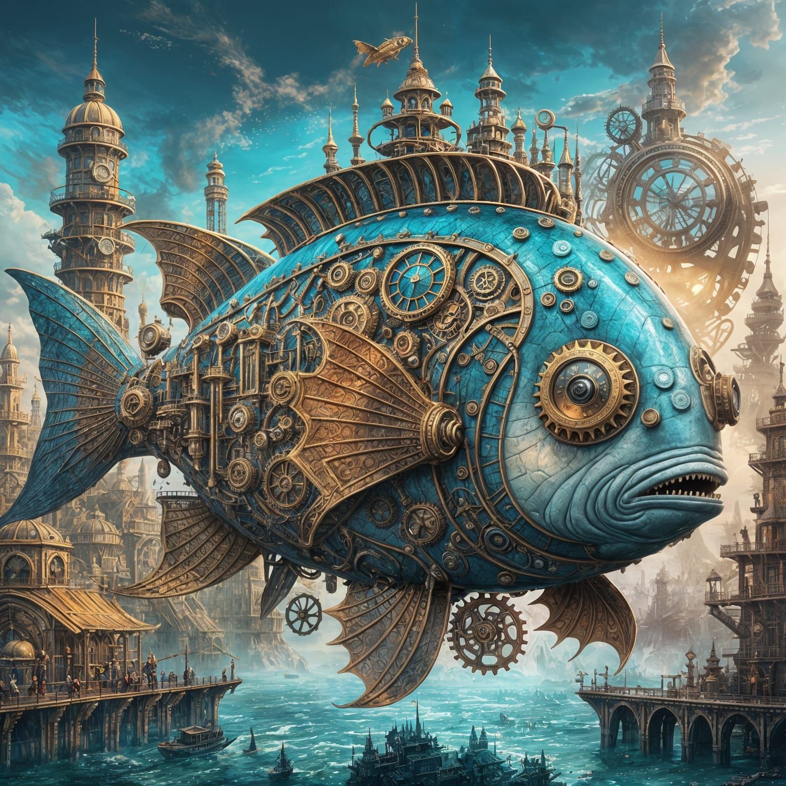 Steampunk City on Fish: Detailed Fantasy Art