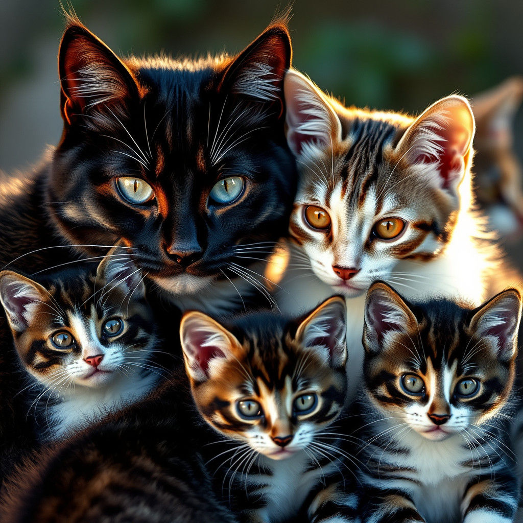 Regal Cats and Kittens in Sunlight