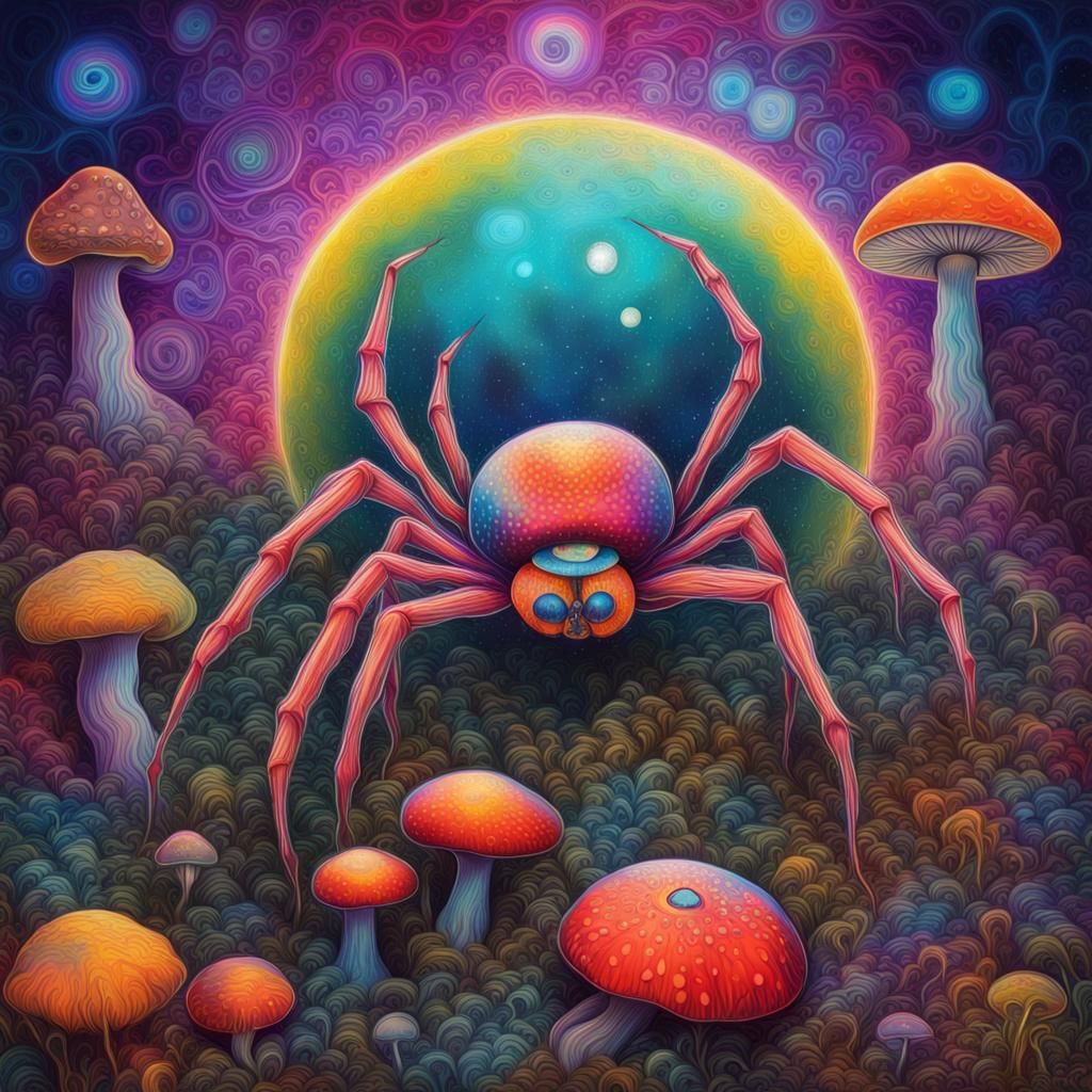 Psychedelic Spider on Mushroom Moon, Astral Illustration