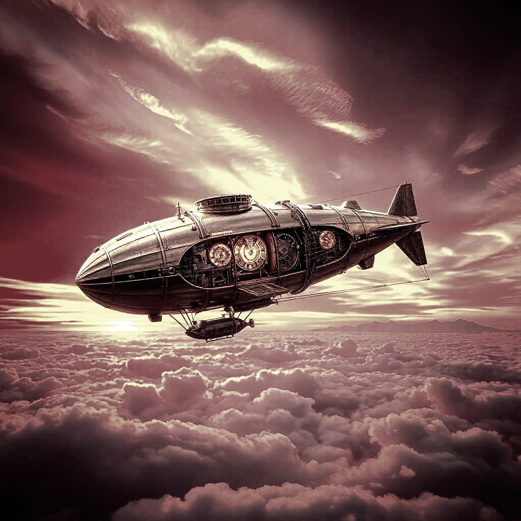Steampunk Airship Soars Through Crimson Sunset