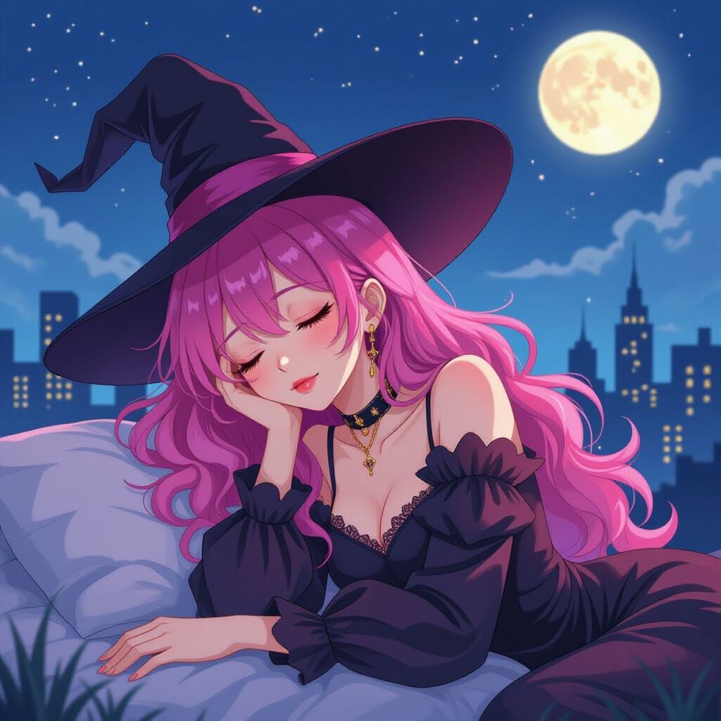 Mystical Anime Witch with Pink Hair