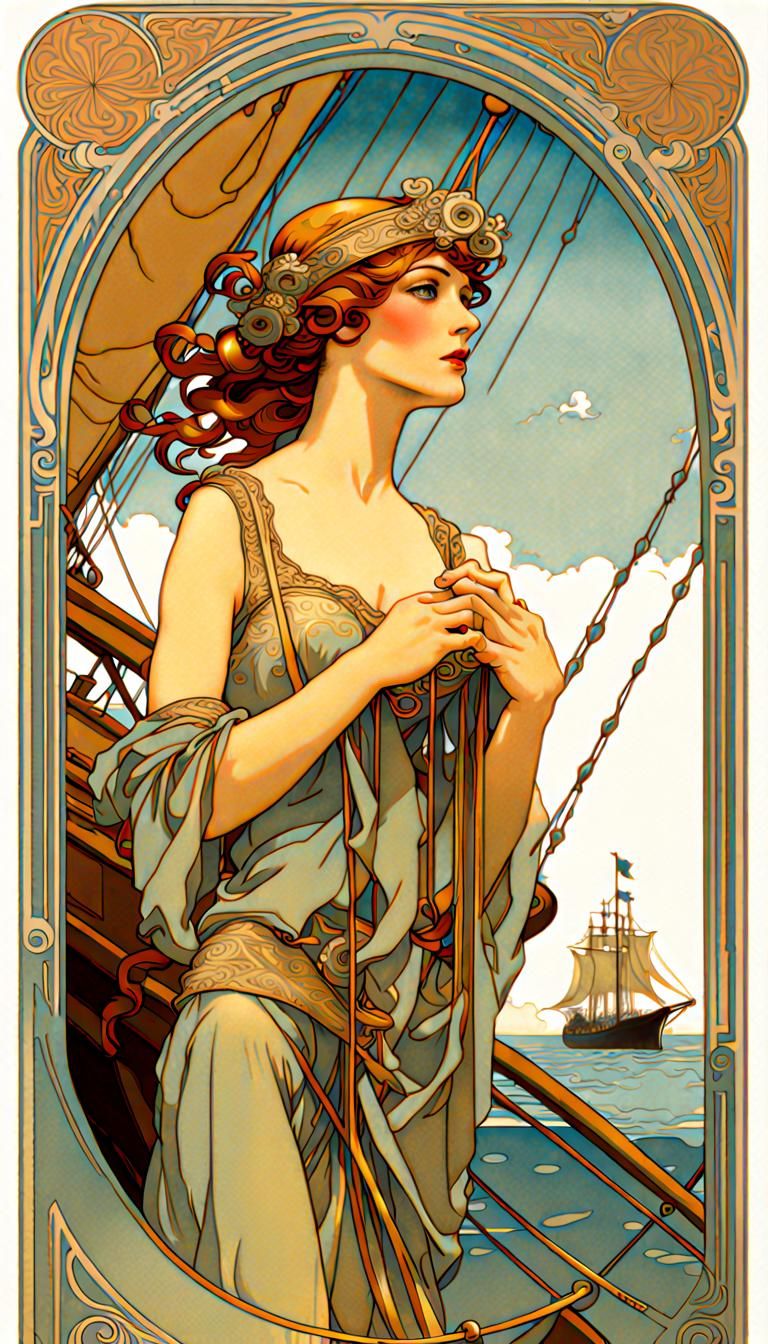 Art Nouveau Maiden on Ship, Art Deco Card