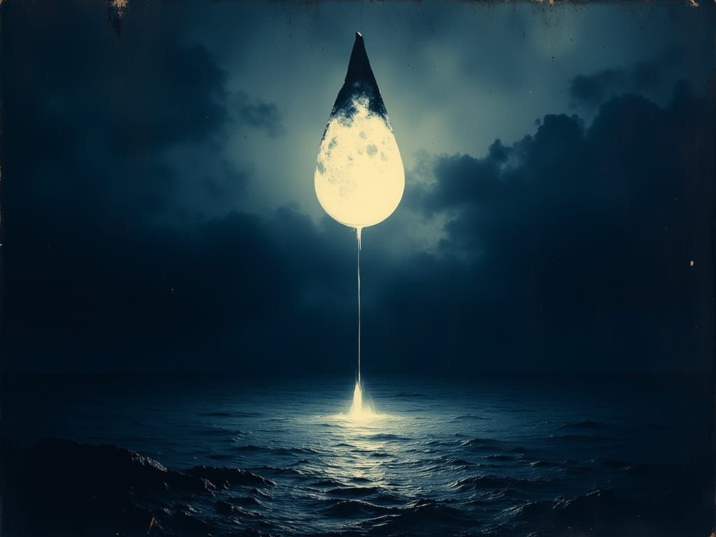 Glowing Teardrop Falls into Dark Ocean Reflecting Shattered ...