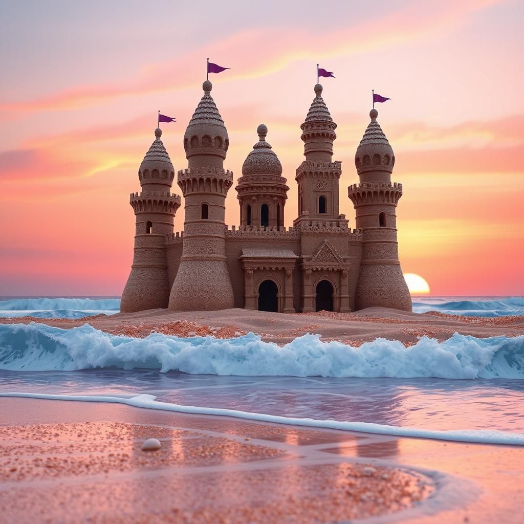 Majestic Sand Castle at Sunrise, Hyper-Realistic