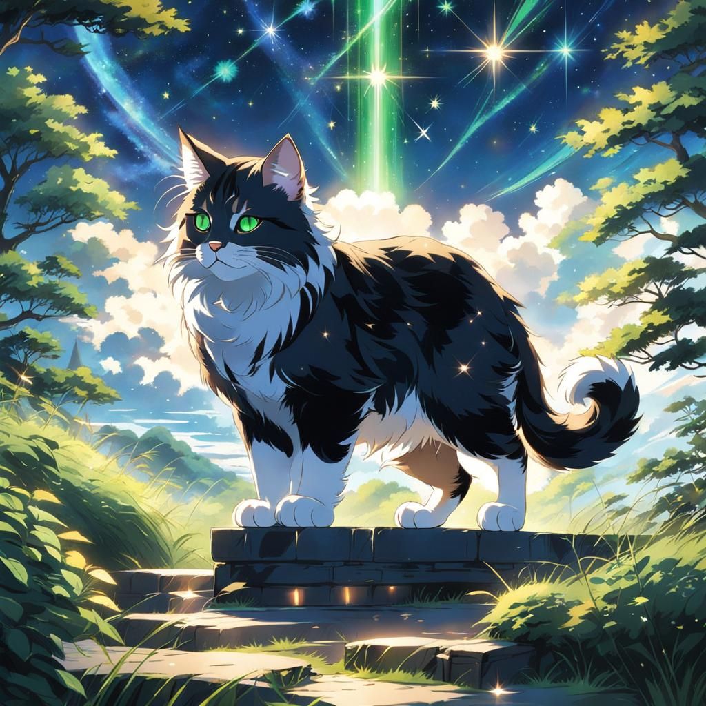 Fluffy Cat Under Cosmic Sky, Anime Style