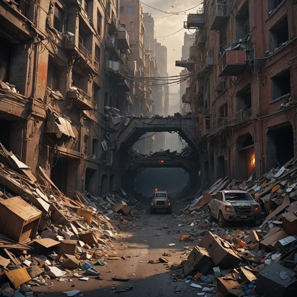 Wrecked Robot in Collapsed City at Night