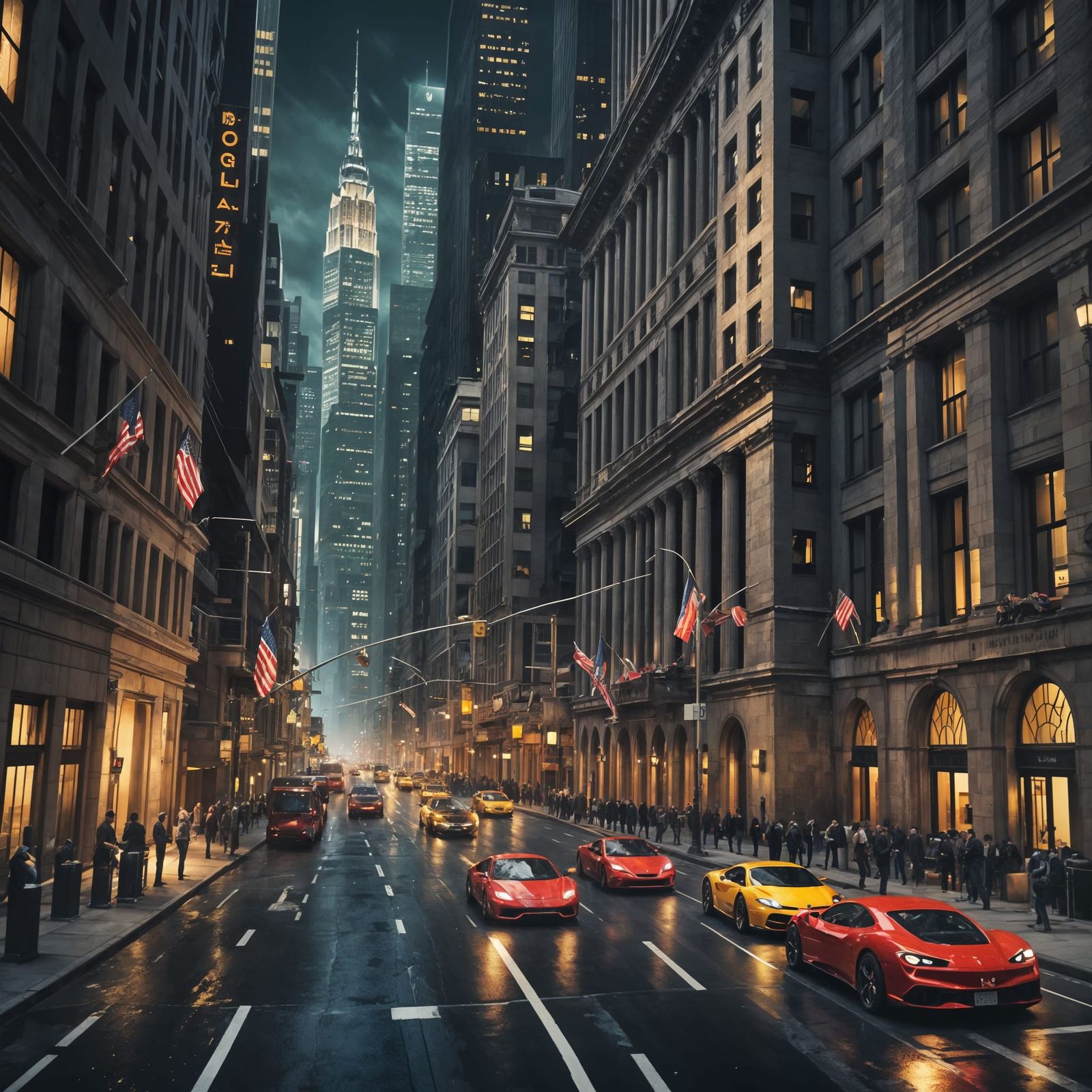 Wall Street 2090: Luxury Cars in a Fantastical Matte Paintin...