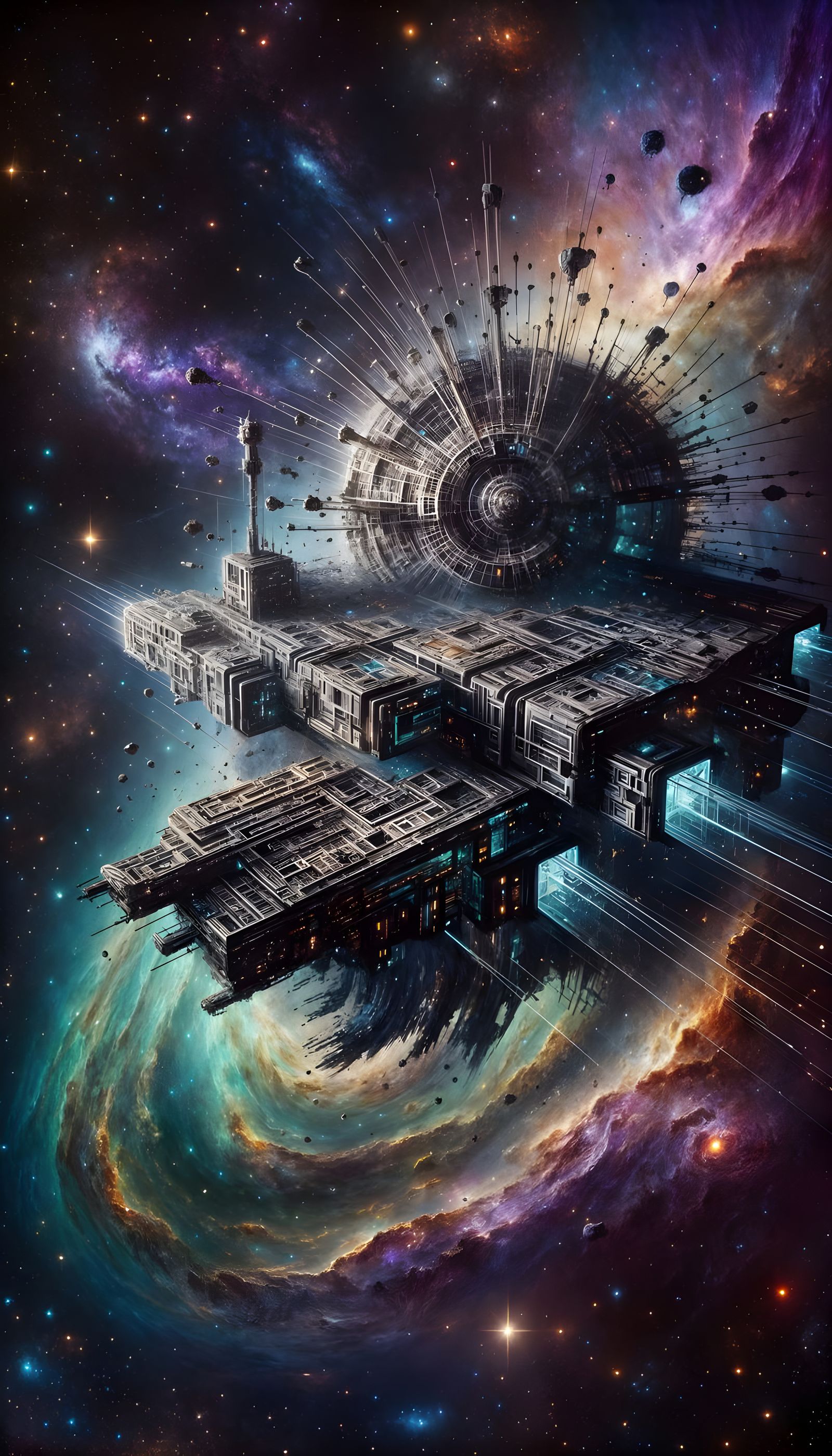 Colossal Spaceship with Ancient Metallic Circuitry