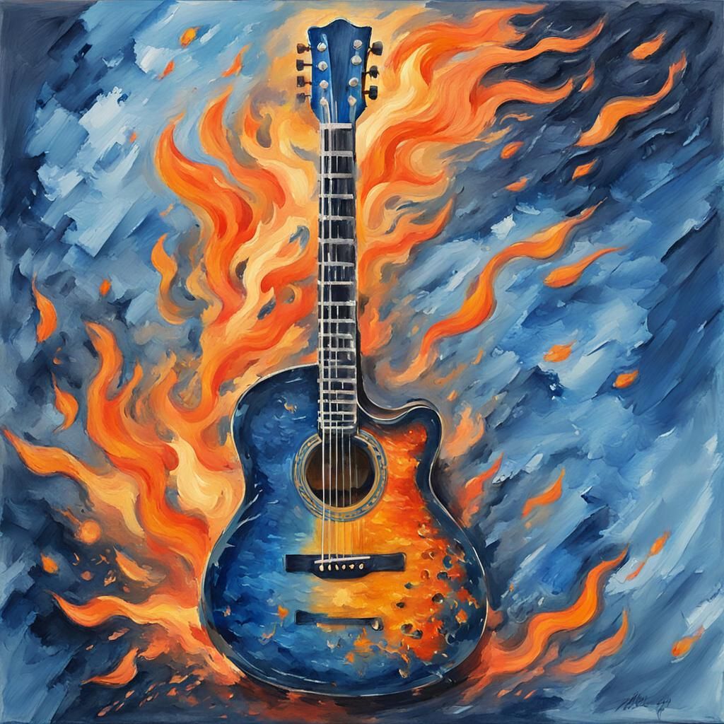 Flaming Guitar in Gouache Impressionist Style