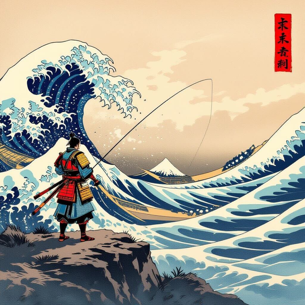 Samurai Fishing Over Turbulent Sea in Ukiyo-e Style