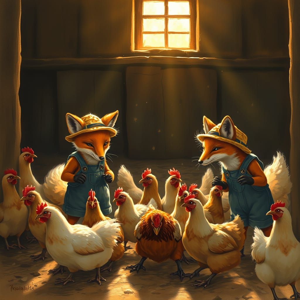 Foxes Caring for Chickens in Rustic Barnyard