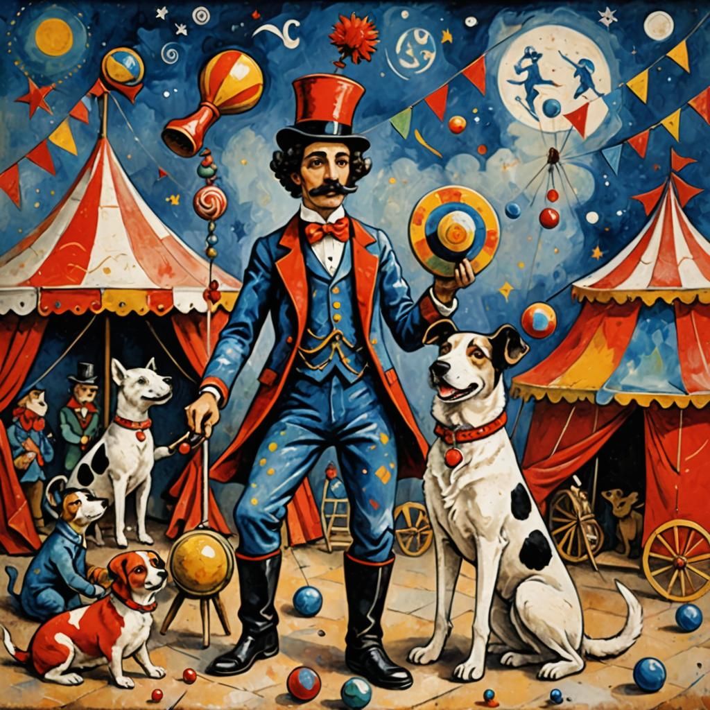 Adorable Circus Dog in Sgraffito Style