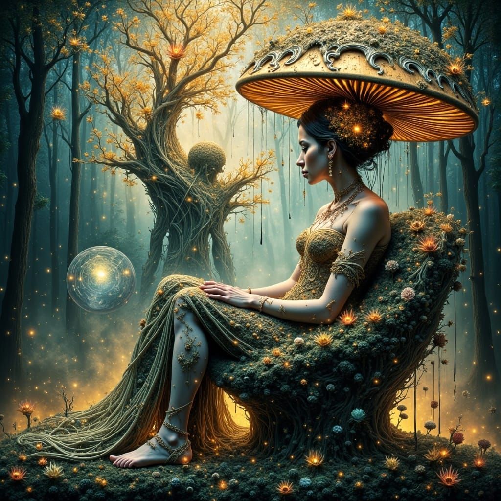 Abstract Fractal Princess in Forest with Double Exposure