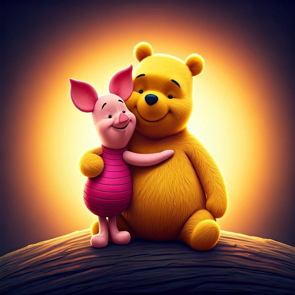 Protective Piglet Guards Relaxed Pooh in Vibrant 3D