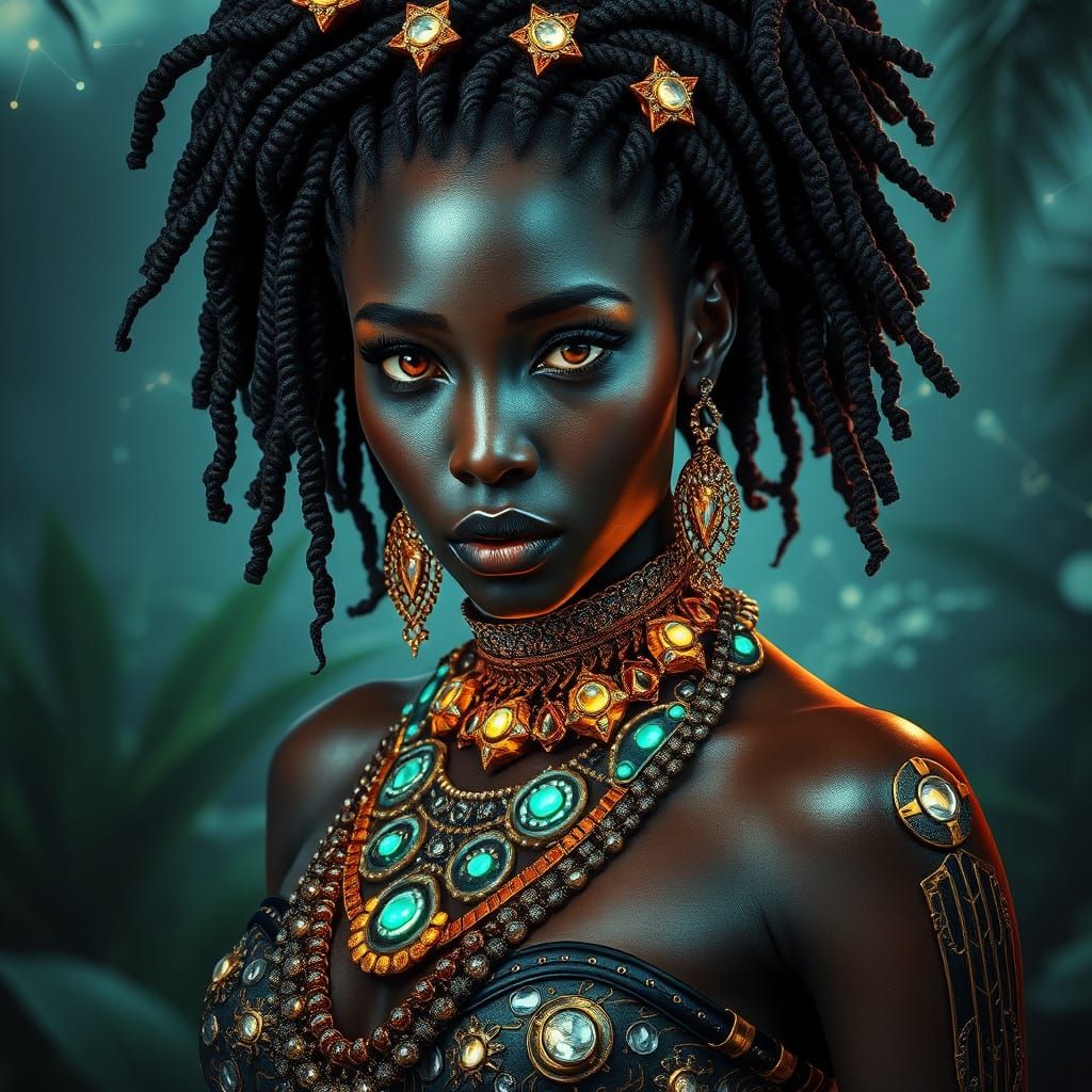 Regal Afro-Cyber Goddess in Liquid Metal Attire