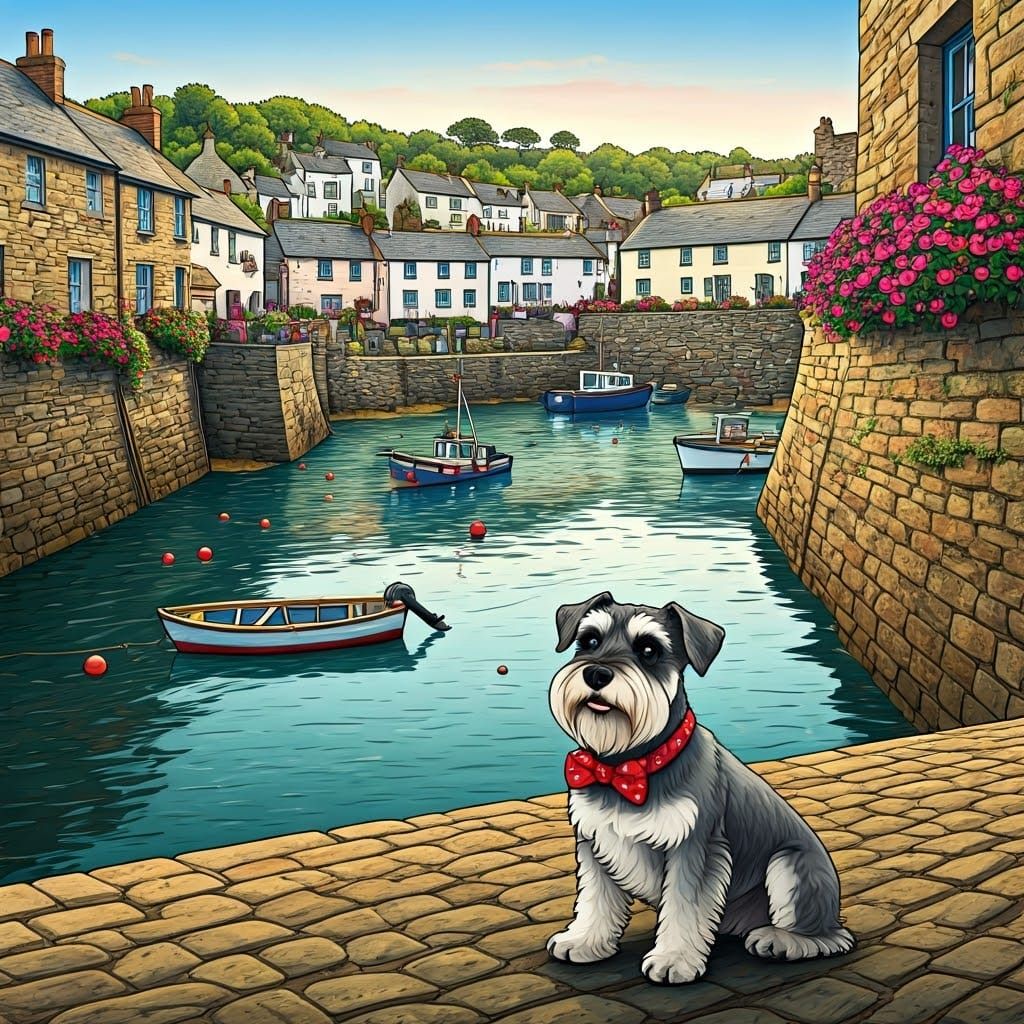 Mini Schnauzer in Polperro Harbour, Painterly Style