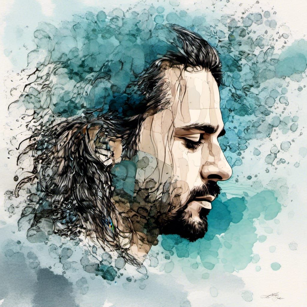 Watercolor Double Exposure Beach Head Splash Art