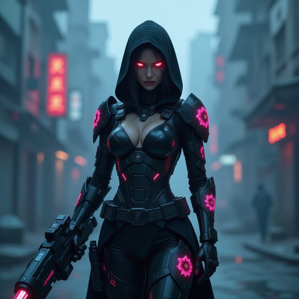 Female Cyborg Demon Warrior in Sci-Fi Cityscape