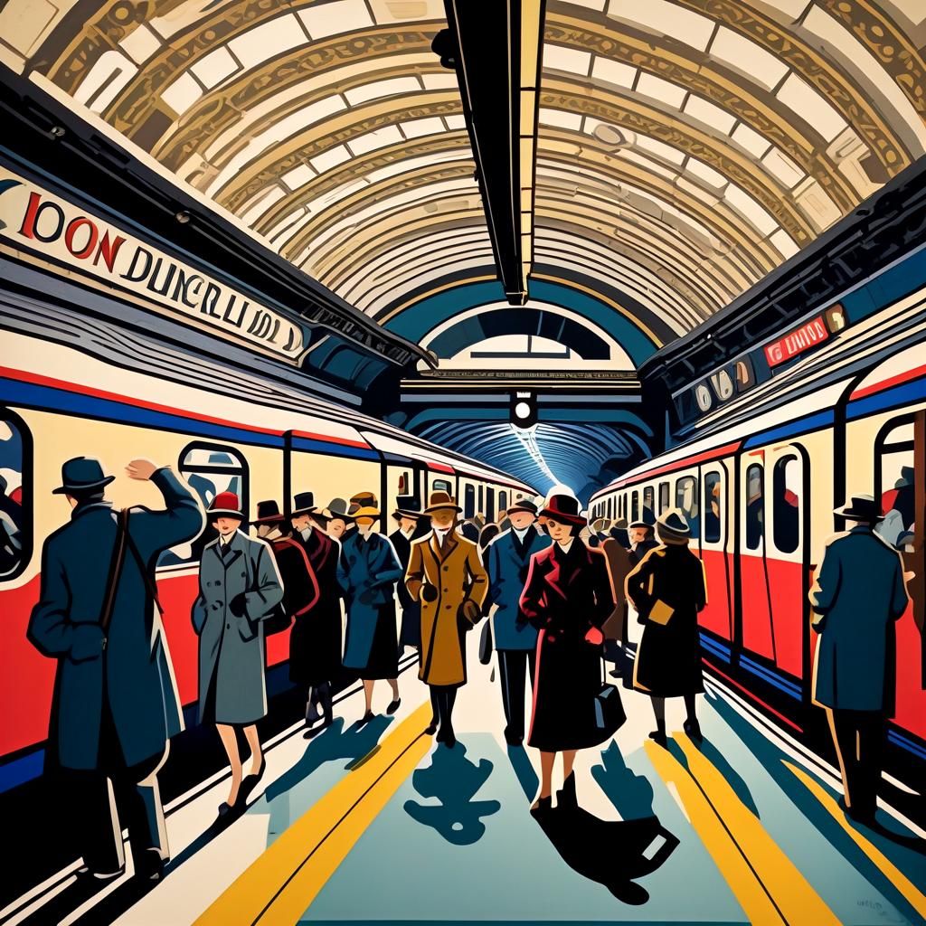 Lively Art Deco London Underground Linocut