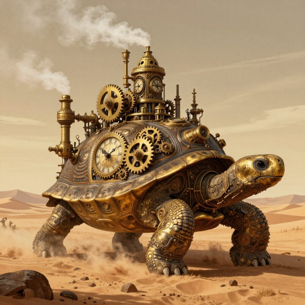 Steampunk City on Giant Clockwork Tortoise in Desert