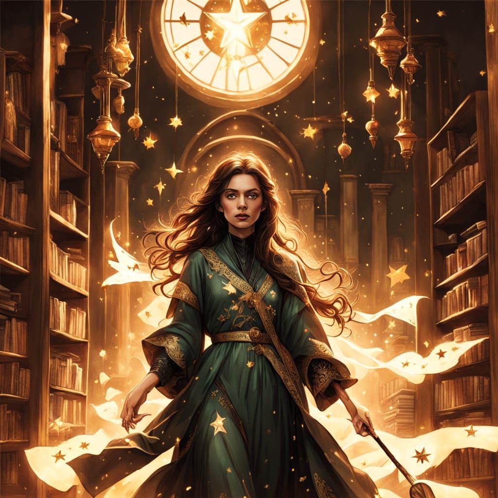 Elegant Witch With Magic Wand and Northern Lights