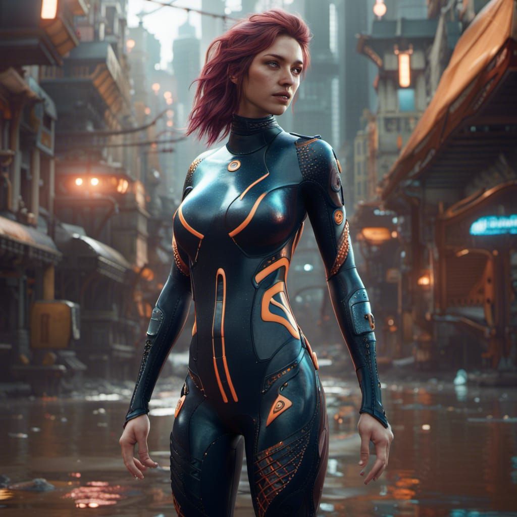 A woman wearing futuristic wetsuit