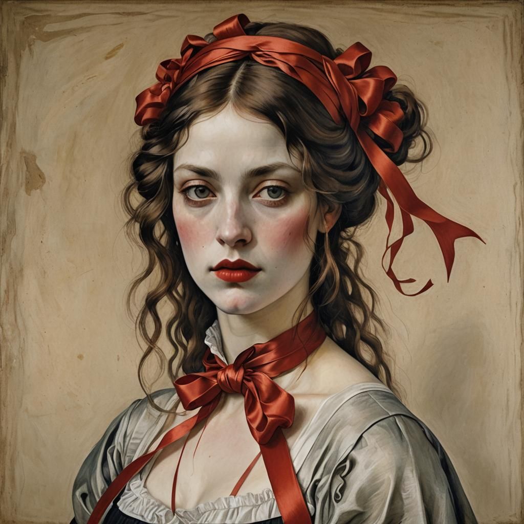 Sensual Madwoman with Red Ribbon, Classical Art Style