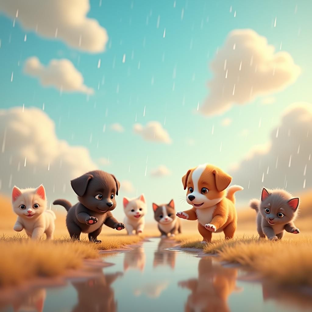 Puppies and Kittens Playing in the Rain: 3D Digital Art