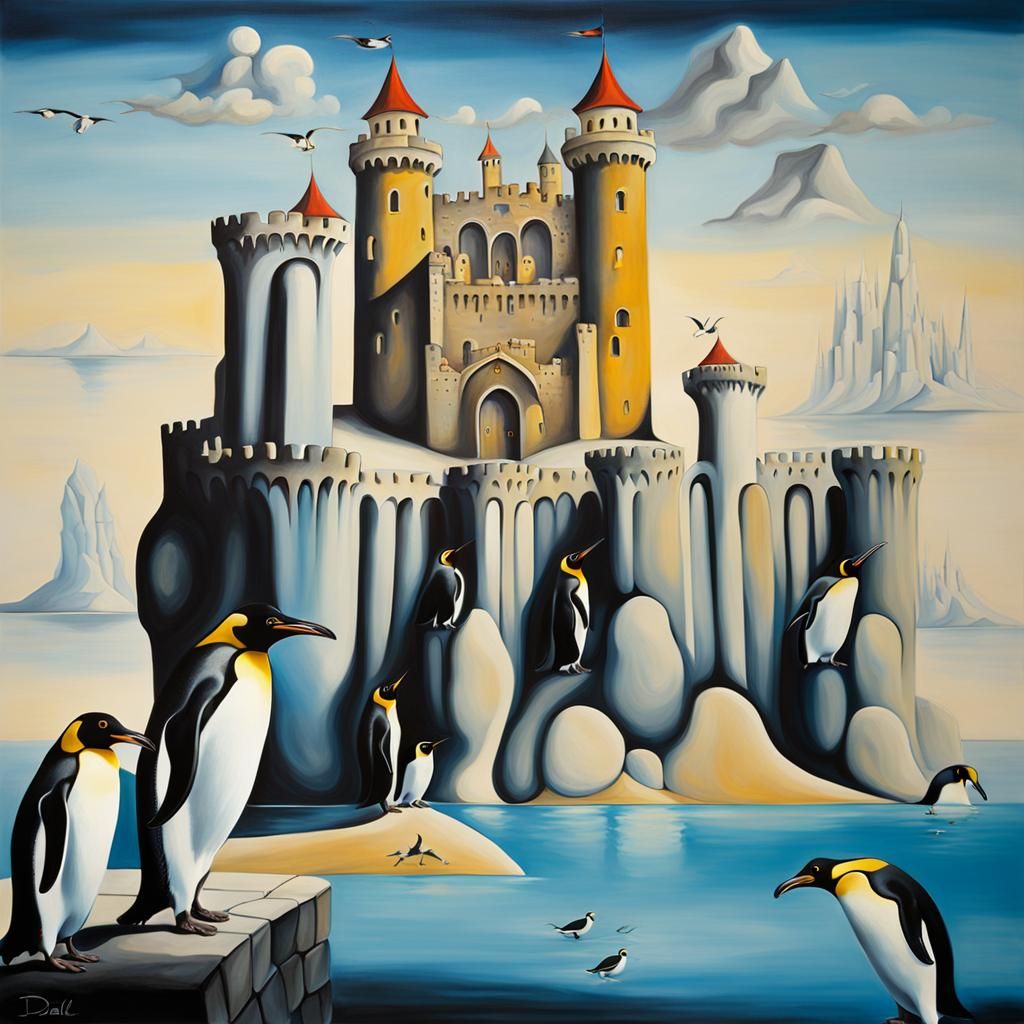 Penguins in a Surreal Castle: Oil on Canvas