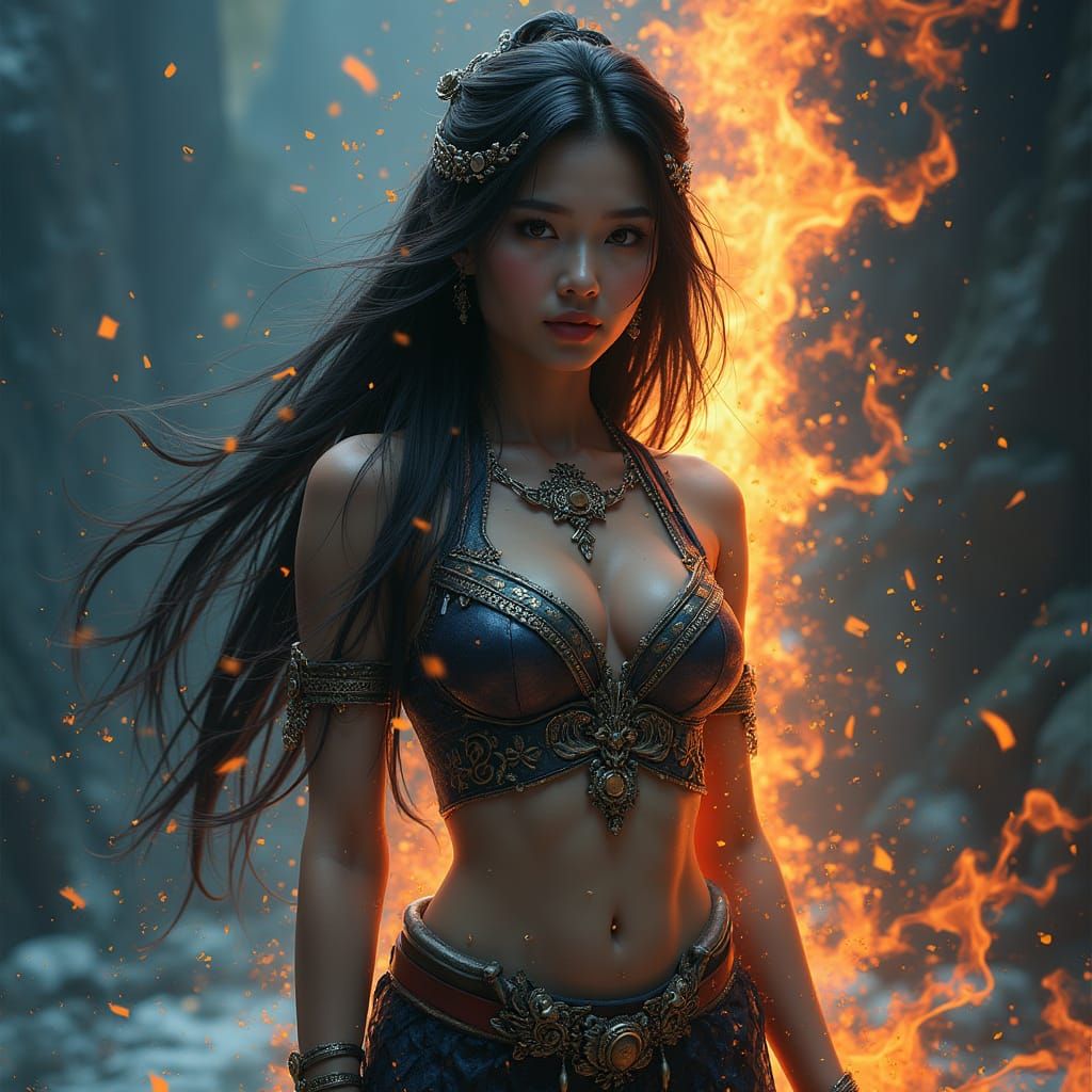 Majestic Thai Warrior Queen in Art Nouveau Style Oil Paintin...