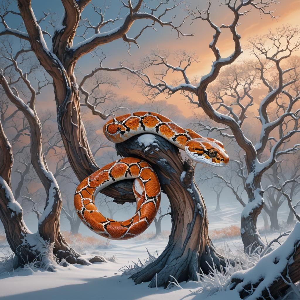 Python Coiled on Winter Tree: Fantasy Concept Art