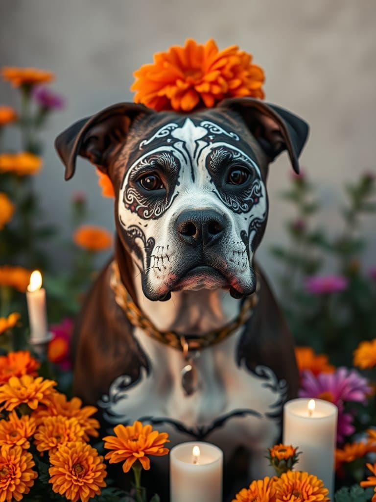 Day of the Dead Pit Bull with Sugar Skull