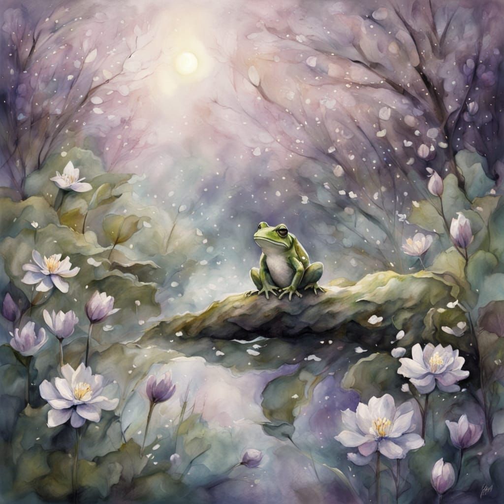 Watercolor Serene Frog Amidst Plum Blossoms