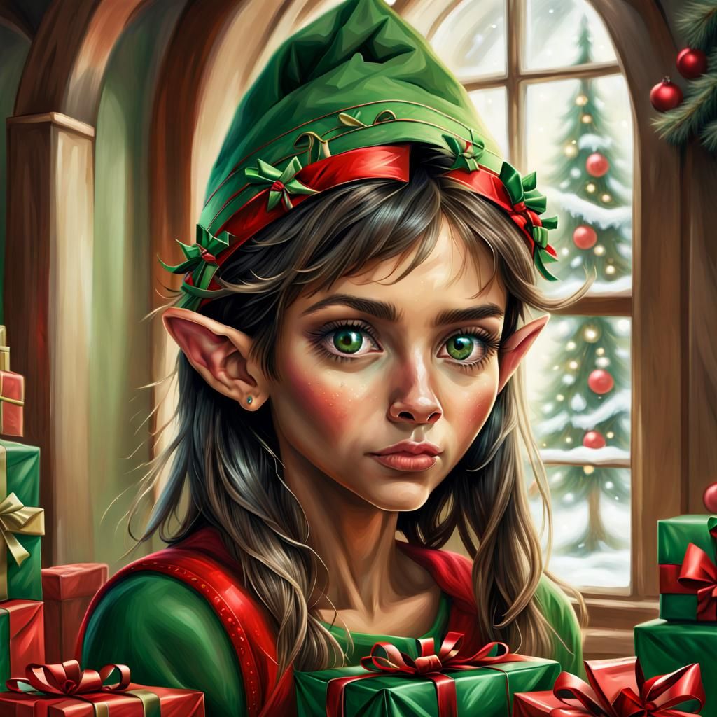 Festive Elf Wrapping Christmas Presents: Hyperrealistic Pain...