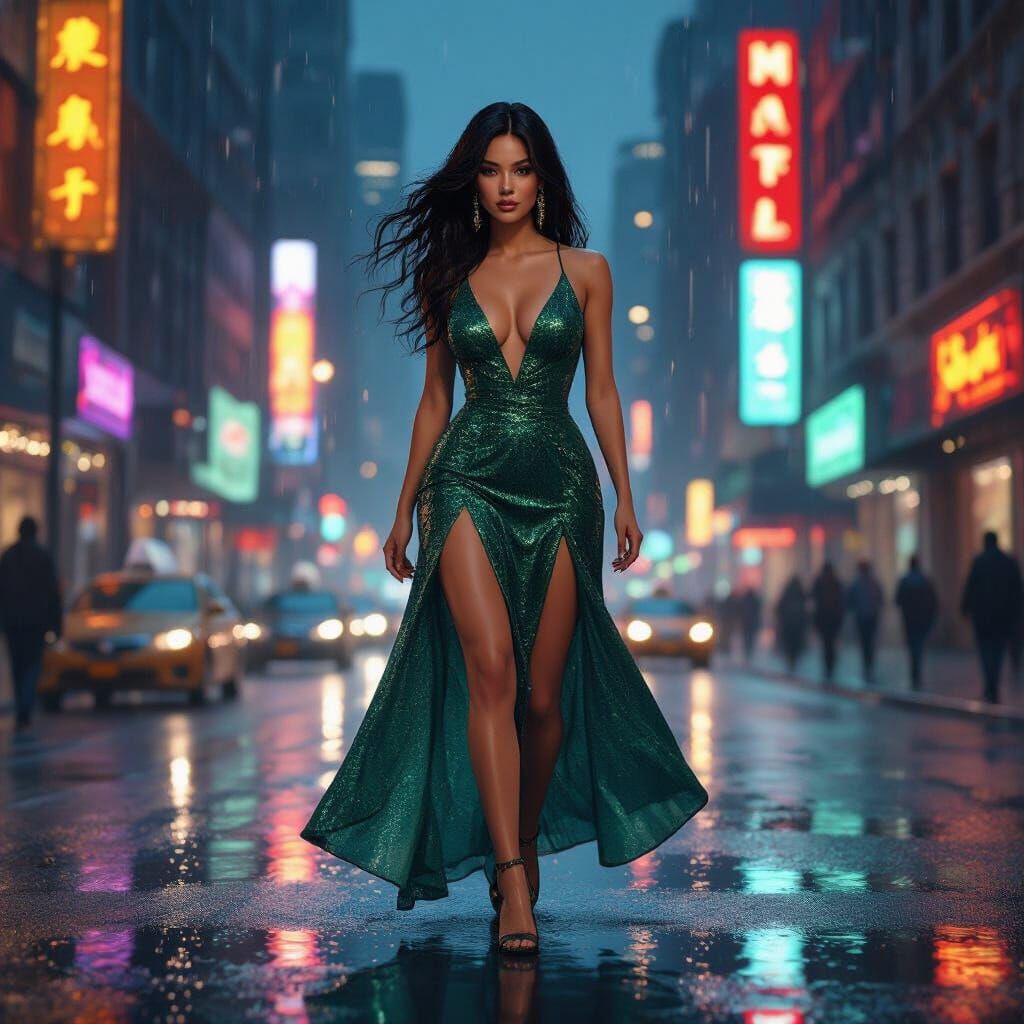 Trans Woman in Emerald Dress on NYC Street at Night