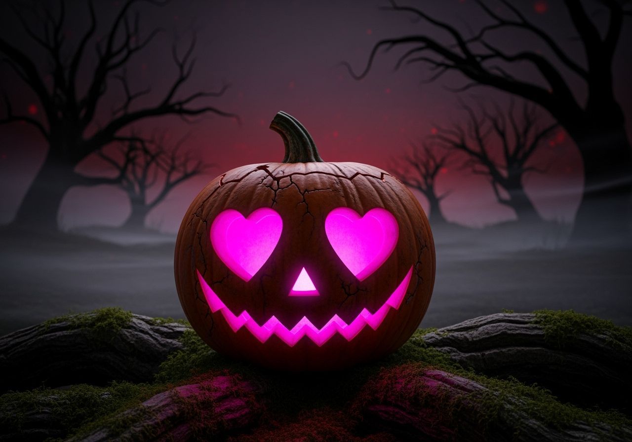 Ominous Jack-o'-Lantern with Magenta Glow in Eerie Forest