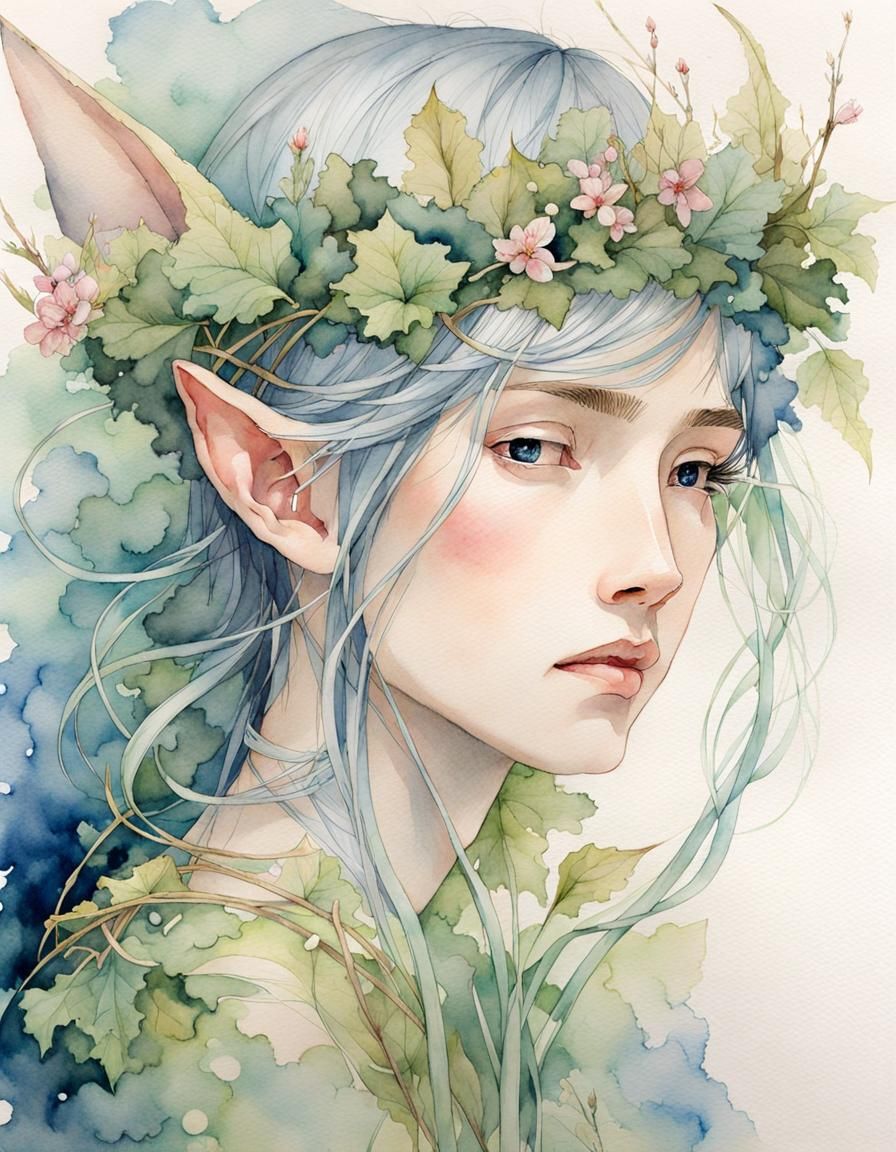 Watercolor Elf Portrait with Crown of Greenery