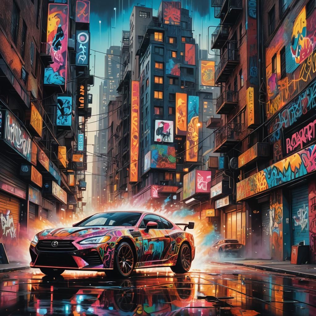 Luxury Cars Race Through Futuristic Graffiti Cityscape